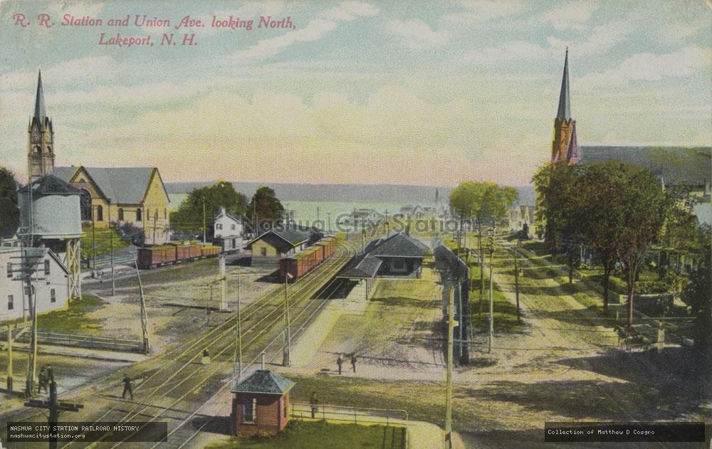 Postcard: Railroad Station and Union Avenue looking North, Lakeport, New Hampshire